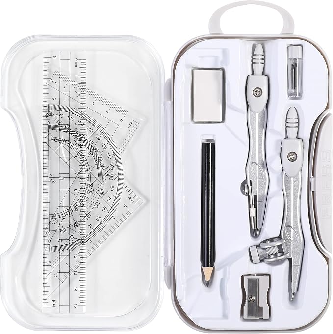 Unjoo Geometry Set 10 Pcs Student Supplies, Protractor and Compass (Grey） | Shatterproof Storage Box,Rulers,Protractor,Compass,Eraser,Pencil Sharpener,Lead Refills,Pencil,for Classroom, Back to School