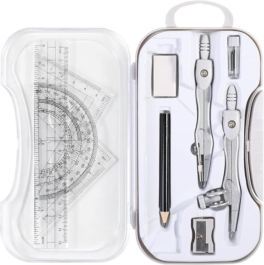 Unjoo Geometry Set 10 Pcs Student Supplies, Protractor and Compass (Grey） | Shatterproof Storage Box,Rulers,Protractor,Compass,Eraser,Pencil Sharpener,Lead Refills,Pencil,for Classroom, Back to School