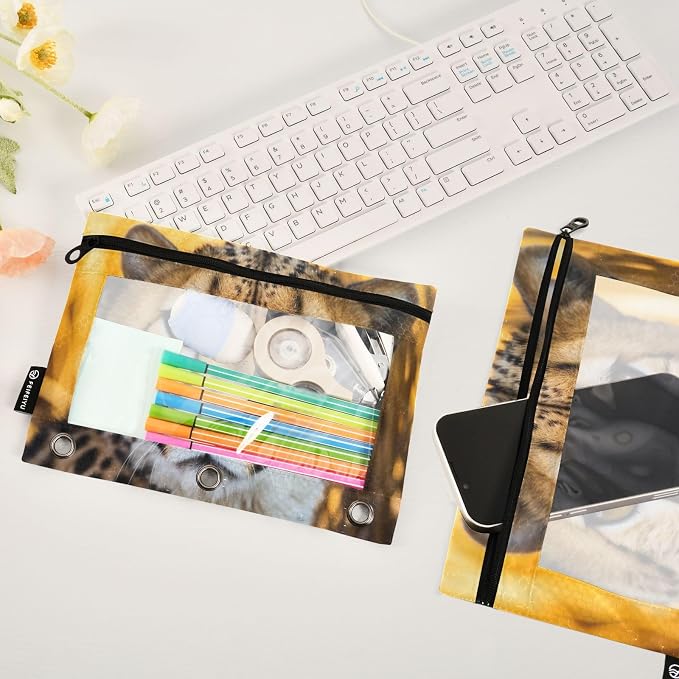 Cheetah Animal Pencil Pouch Fits standard 3-ring binders, Zipper Binder Pencil Bag with Clear Window for Class Office 2 Pack
