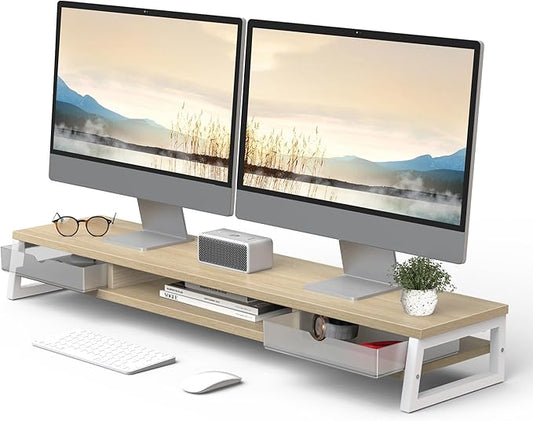 Fenge Dual Monitor Stand Riser, 42.5in Desk Shelf with 2 Drawers, Oak | 2-Tier Monitor Shelf for Desk, Storage Drawer with Stopper, Frosted, fit Home Office, Ultrawide Screen, PC, Laptop, TV