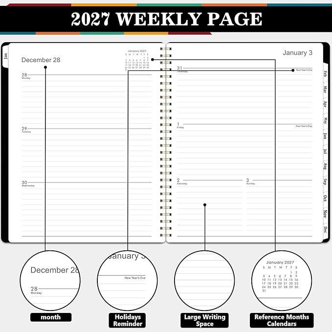 2027 Weekly and Monthly Planner Calendar, January 2027 - December 2027 | 8.5" x 11", Planner 2027 with Monthly Tabs, Spiral Binding, Thick Paper, Storage Pocket - Classic Black