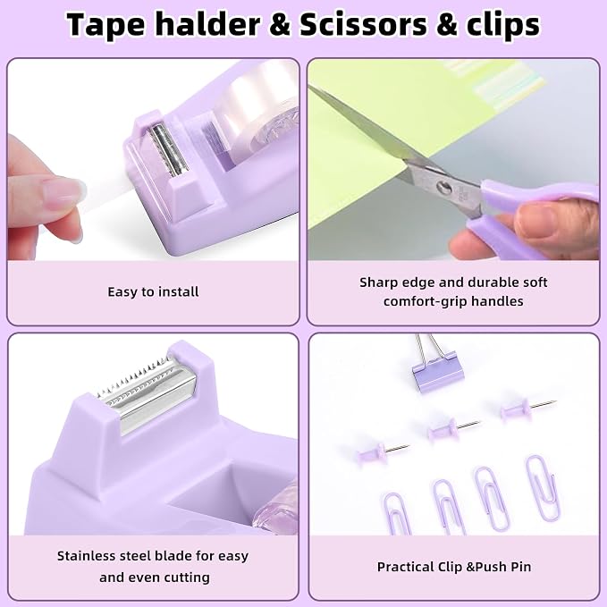 VZZNN Purple Office Supplies Set - 12-Piece Desk Organizer with 360° Pen Holder, Tape Dispenser, Stapler, Scissors, Ruler, Staple Remover, 1000 Staples, Tape, Clips, Sticky Tabs & Notes