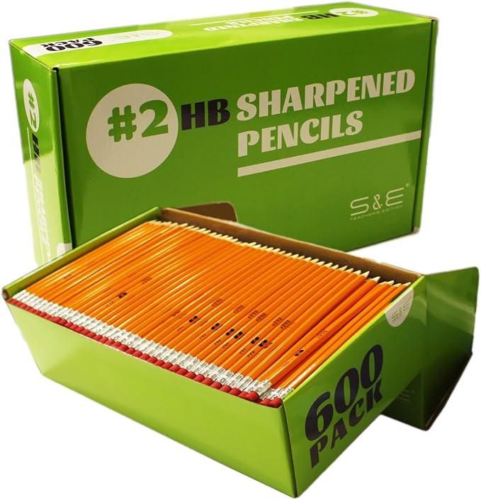 S & E TEACHER'S EDITION 600 Pack Pre-sharpened #2 Pencils with Erasers – Bulk Yellow Woodcase HB Lead Pencils for Classrooms, Standardized Tests, Offices & Back to School – No.2 Pencil Value Box