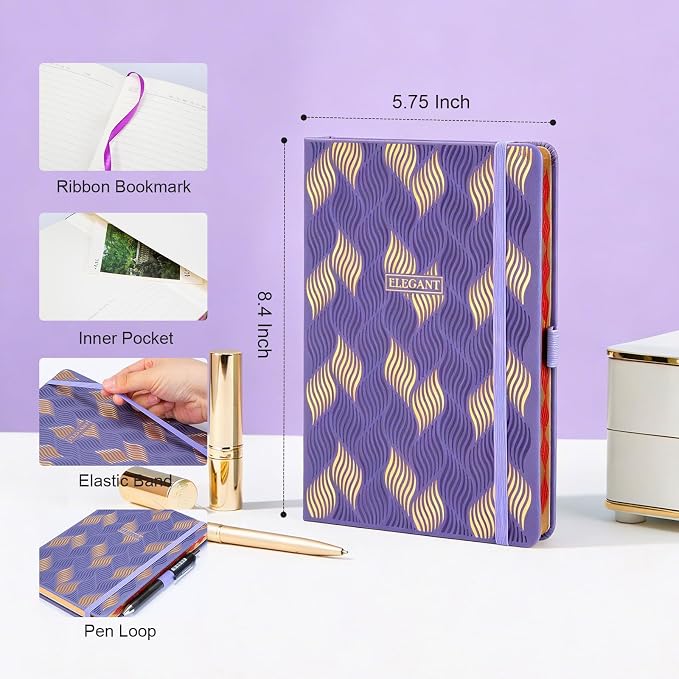 Comix Aesthetic Lined Journal for Women, 192 Pages, 100GSM Paper, Pretty Leather Journal Notebook for Writing, Cute A5 Hardcover Notebook for Work Home School, 5.5" x 8.3", Lavender, Leaf Motif