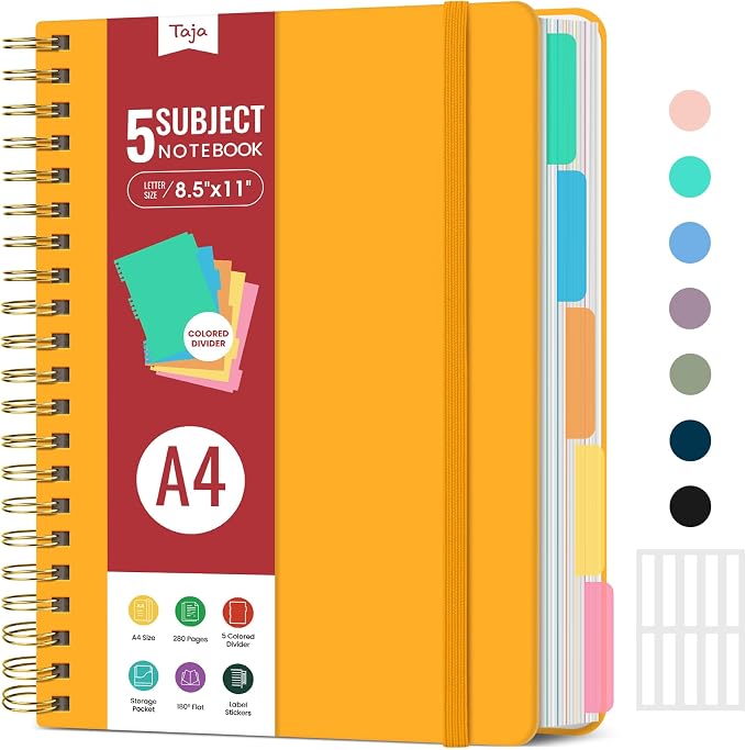 Hardcover Spiral Journal Notebooks for Work With Removable Dividers & Tabs, 8.5"x11" 5 Subject Notebook for Note Taking & Organizer, A4 College Ruled Lined Journal for Women & Writing, Yellow, 280 Pages
