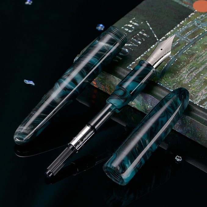 Asvine C80 Fountain Pen #8 Extra Fine Nib Large Handcraft Pen with Converter Pen Box Collection Set (Green Ripple)