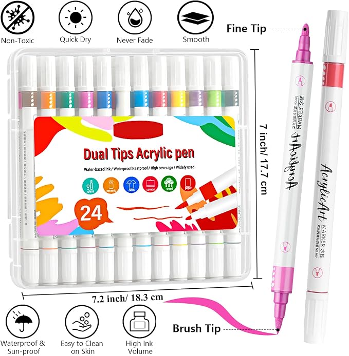 SAYEEC Acrylic Paint Pens, 24 Colors Dual Tip Nail Art Polish Pens with Fine Tip and Brush Tip, Acrylic Paint Markers for Rock Painting, Wood, Glass, Canvas, Calligraphy, Card Making, DIY Nail Beauty
