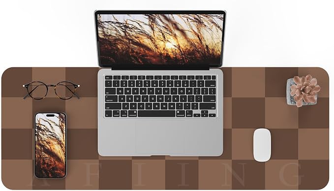 AFIING Brown Checkered Desk Pad 31.5" x 12" | Waterproof PU Leather, Non-Slip Rubber Base, Checkered Design, Office & Home