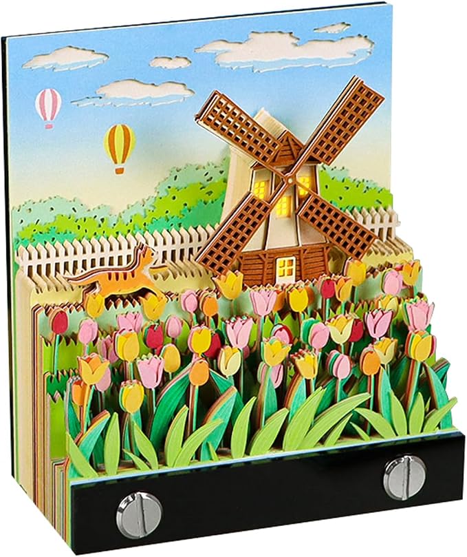 3D Memo Pad, Windmill 3D Notepad Paper Carving Non-Stick Sticky Notes Cute Silhouette, 3D Art Memo Pad Paper Art with Lights DIY Desk Decoration Gift