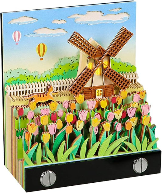 3D Memo Pad, Windmill 3D Notepad Paper Carving Non-Stick Sticky Notes Cute Silhouette, 3D Art Memo Pad Paper Art with Lights DIY Desk Decoration Gift