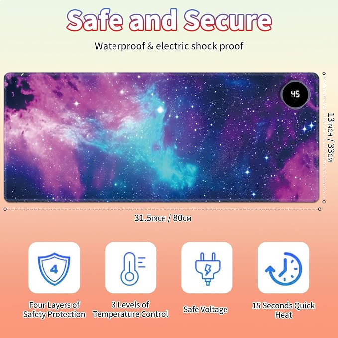 Heated Desk Pad Large Mouse Pad 31.5 x 13 inch with 3 Levels Heating & Auto Shut-Off Warm Mouse pad PU Leather Computer Mousepad for Home Office Work - Beautiful Galaxy