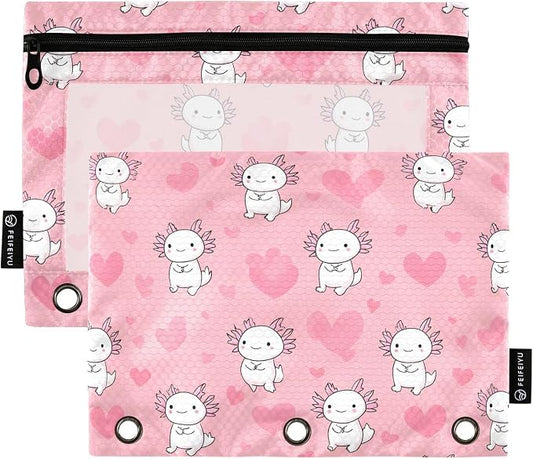 Love Salamander Pattern Pencil Pouch for 3 Ring Binder 2 Pack Zipper Binder Pencil Bag with Clear Window Pencil Case for Office Supplies