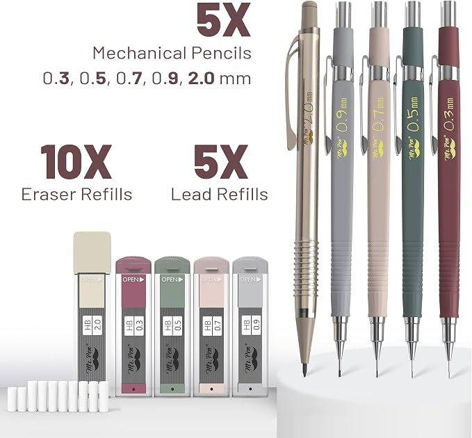 Mr. Pen- Art Mechanical Pencil Set, 5 Sizes (0.3, 0.5, 0.7, 0.9, 2.0mm) | 5 HB Lead Refills & 10 Eraser Refills, Precision Drawing Pencils for Sketching, Writing & Artwork