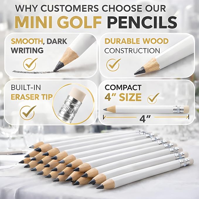 TH Golf 100pcs Golf Pencils, 4 Inch Mini Half Pencils with Eraser Sharpened Wood Mini Round for Schools Wedding Toddlers Home Corporate Multiple Colours (White)