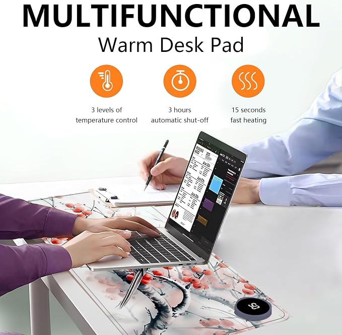 Heated Mouse Pad with 3 Levels Heated & 3 Hours Auto Shut-Off Mouse Pad for Warming Hands in Office Home, 23.6" x 14.2"Large Safe Desk Mat Hand Warmer，Ink Magpie