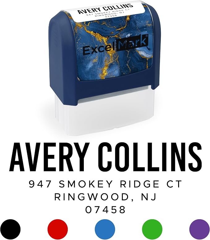 ExcelMark Custom Return Address Stamp (Navy, Urban Bold) | Custom Return Address Stamp with Elegant Designs, Vibrant Colors & Patterns – Perfect for Mail, Invitations & Gifts