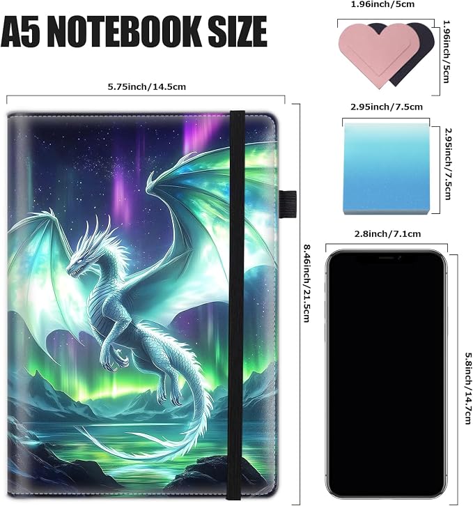 Hardcover Executive Notebooks, A5 PU Leather Lined Journal Notebook, 200 Pages Thick Paper Subject Notebooks for School,Work,Home Writing Business Notebook, Diary Book, Dragon and Aurora
