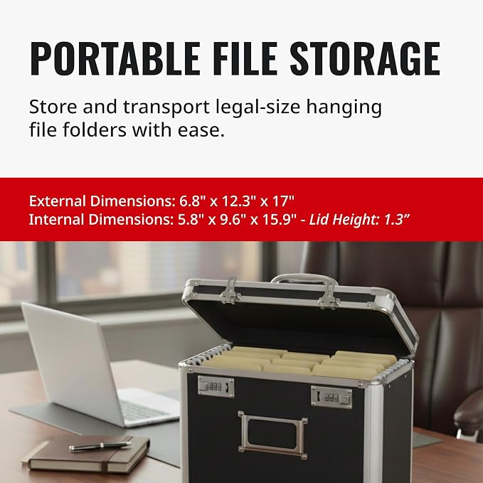Vaultz File Organizer Storage Box - 14 x 7.25 x 12 Inch Legal Size, Portable Locking Storage Totes with Dual Combination Locks for Filing Office Documents - Black