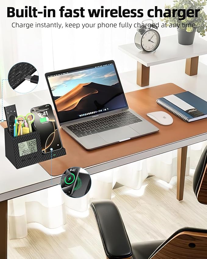 Desk Organizer with Wireless Charger, Digital Clock, Thermometer & Hygrometer - Multi-Functional Pencil Holder, Office Desk Accessories Storage Caddy for Home, Office, Men, Women (Battery Included)