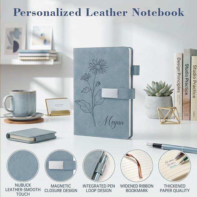 Personalized Journal Notebook with Name and Birth Flower, Custom Text Leather Notebooks, 3D Engrave Hardcover Executive Notebooks for Work, Personalized Birthday Gifts for Women, Mom, Wife, Friends, Sisters
