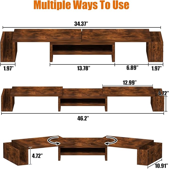 Wood Dual Monitor Stand Riser, Desk Organizers and Accessories with Storage Pen Holders, Adjustable Length and Angle 3 Shelf Extra Long 46" Desktop Organizer for 2 Monitors, Computer, Laptop, TV,Rustic Brown (Triple)