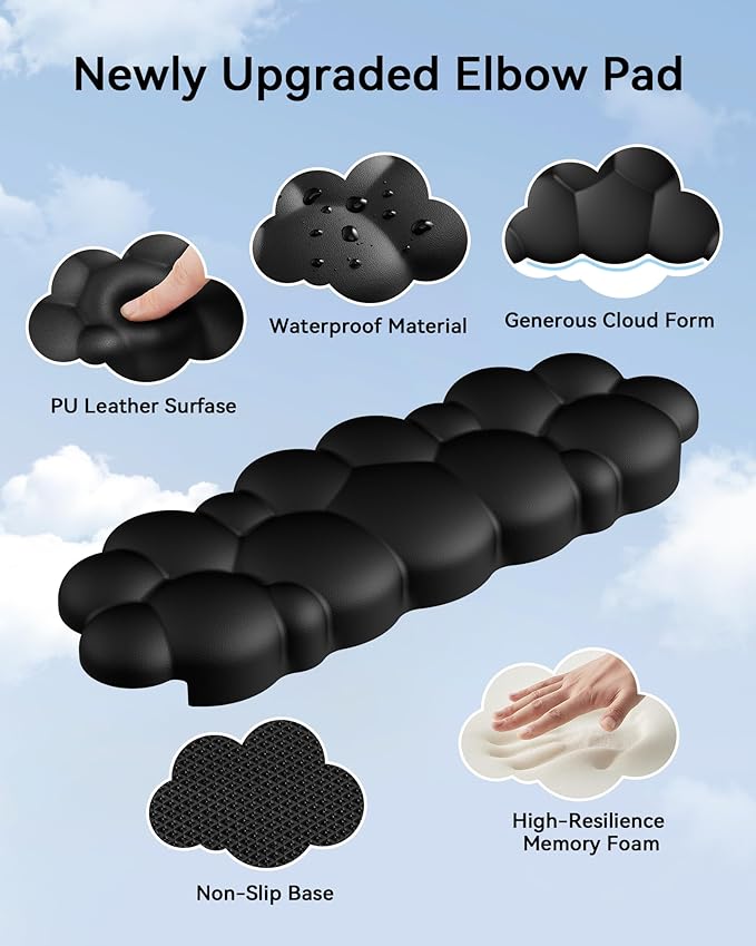 Laborio Elbow Pad for Desk, 2-Pack Cloud Elbow Rest(Black), Edge Arm Rest | L-Shaped, Leather Surface, Memory Foam, Waterproof, Non-Slip Wrist Support Wrist Rest