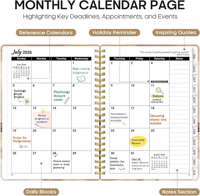 Planner 2026-2027, Academic Year Monthly and Weekly Calendar Planner, Jul 2026 - Jun 2027, Hardcover Teacher Student Planning Agenda book with Tabs, Perfect for School Office Supplies, 6.3" x 8.5" - Landscape