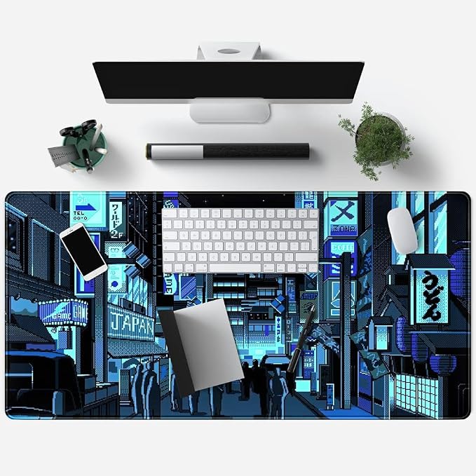 Japanese Gaming Arcade Blue Large Gaming Mouse Pad Keyboard Desk Pad Extended Mouse Pad Gaming Office Decor, Pc Laptop Mouse Pads Large (31.5x15.7 in) with Stitched Eges Non-Slip Base Mousepad XXL