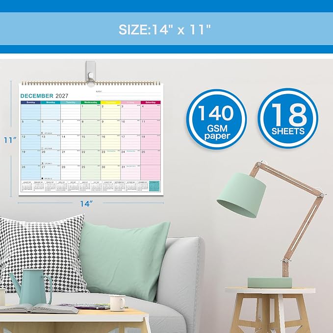 2027-2028 Wall Calendar, Calendar 2027-2028, 18 Month Calendar January 2027 - June 2028, 14" X 11", Calendar with Twin-Wire Binding, Hanging Hook and Julian Dates (Colorful)