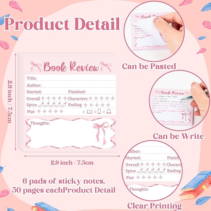 L1rabe Book Review Mini Sticky Notes - 6PCS Pink Bow Self-Stick Notepads | Back to School Memo Pads for Student, Reading Tracker Log Stickers, Book Lovers Readers Bookish Bookworm Supplies, 300 Sheets