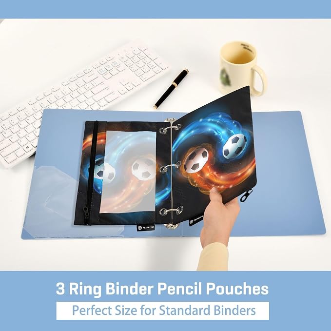 Soccer Ball Flames Print Pencil Pouch for 3 Ring Binder 2 Pack Binder Pencil Case with Clear Window Pencils Bags with Zipper for Office Daily College Home Supplies