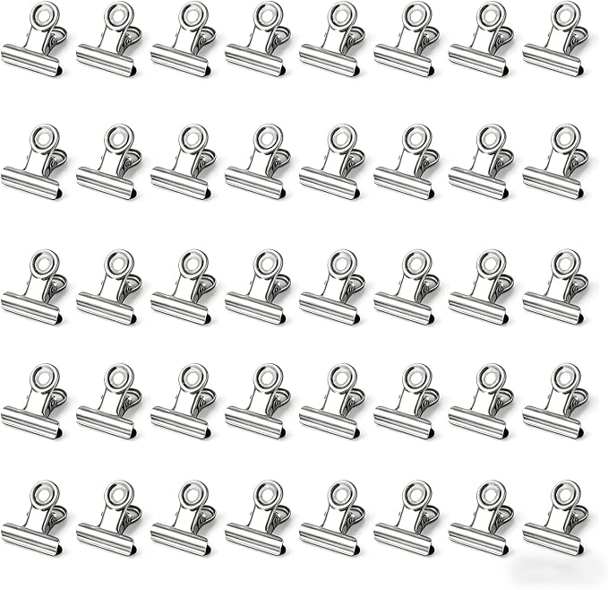 Bulldog Clips, 40 Pcs, 0.87 Inch, Silver, 22 mm, Hinge Paper Clips, Metal Clamps for Crafts, Food Bags, Drawings, Photos