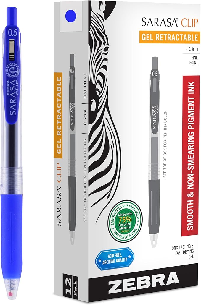 Zebra Pen SARASA Clip Retractable Gel Pen, Blue Ink, 0.5mm, 12-Pack | Fine Point Tip, Water Based Ink, 75% Recycled Materials, Ideal for Journaling, Planners, School and Office Supplies (47320)