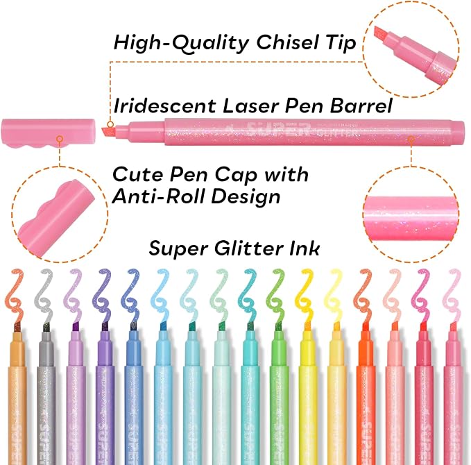 HANKU Glitter Highlighter Markers, 16-Count, Chisel Tip Glitter Highlighters Assorted Colors, Sparkly Markers for Adult Coloring Journaling Art Supplies