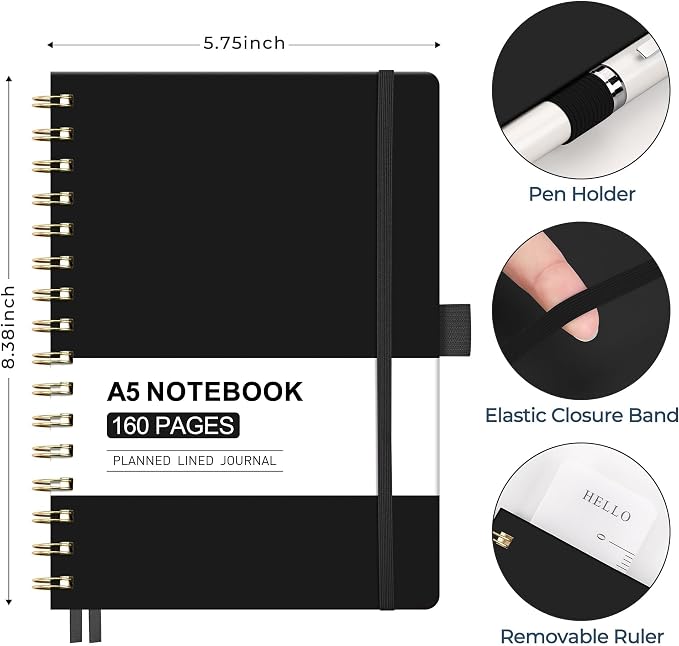 AHGXG Spiral Journal Notebook, 160 Lined Pages, A5 Size (5.7'' x 8.3'') | for Men & Women, Journaling, Writing, Work & Office, Hardcover, 100 GSM Thick Paper (Black)