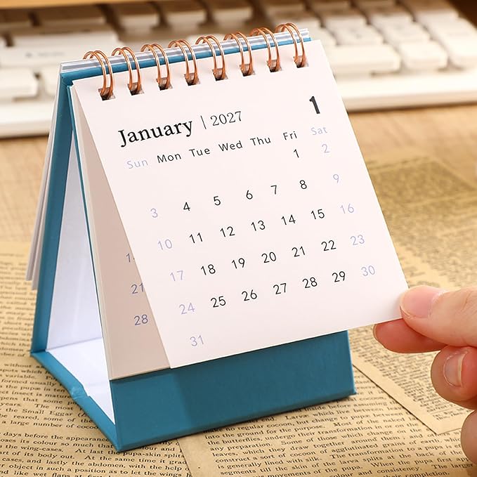 Mini Desk Calendar 2026-2027 - Runs From January July 2026 until Dec 2027, 18-Month Small Desktop Calendar 250gsm Thick Paper Twin-Wire Binding for Home or Office (Blue)