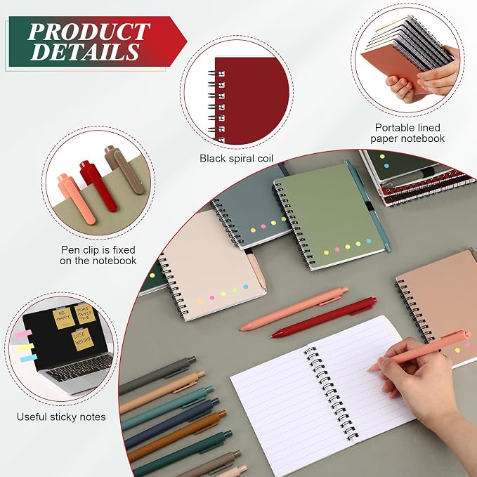 Chuangdi 20 Sets Lined Spiral Notebooks with Sticky Notes and Bamboo Pens, Back-to-school Gifts for Office Teachers Staff, Boho Notebook with Pen Bulk Gift (Morandi)