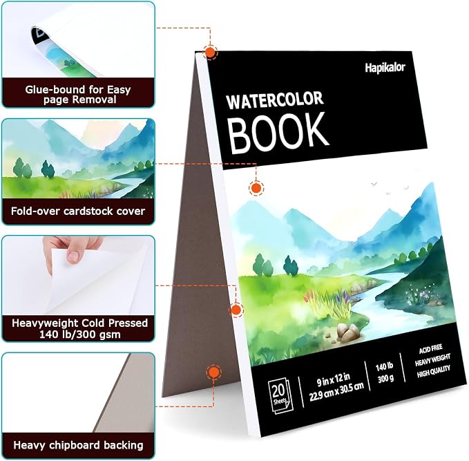 Watercolor Paper Pad, 9"x12" Water Color Paper, 140lb/300gsm Artist Painting Drawing Paper Book, Art Supplies for Adults Kids, Watercolors, Watercolor Paint Set, Sketchbook, Journal, Black