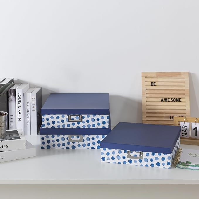 Soul & Lane - Decorative Storage Boxes with Lids, Set of 3, Blue Spots | Large Photo Keepsake Box Set for Organizing Documents and Memories, Cute Flat Nesting Cardboard Organizers for Scrapbooking