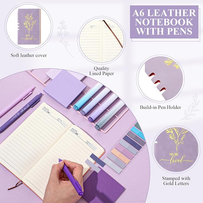 14 Pcs Inspirational Journal Kit for Women Aesthetic A6 Leather Journal Notebook Glass Cup Canvas Tote Bag Motivational Pen Stationery Set for Vbs Sunday School Teacher Back to School(Purple)