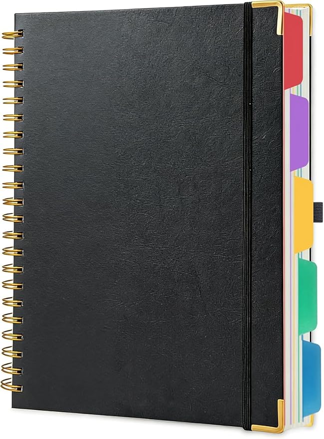 VANRTTO 5 Subjects Hardcover Spiral Notebook College Ruled Lined B5 Black | Hardcover 8.0x10 IN Spiral Notebook With Removable Tab Dividers, 110 GSM Paper Notebooks for Work, 300 Pages B5 Notebooks