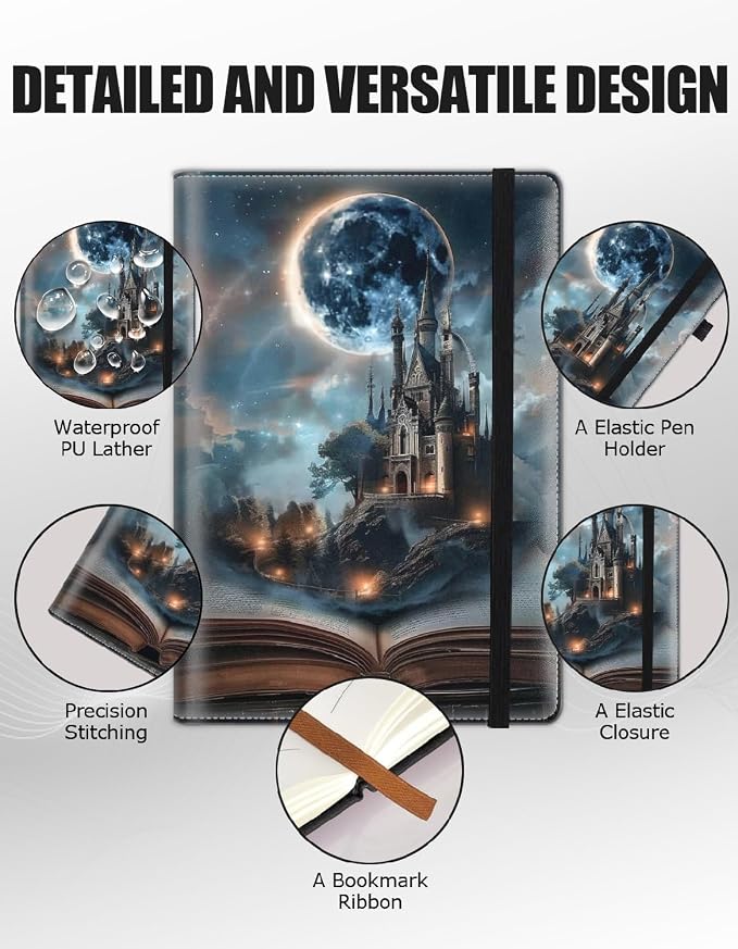 Hardcover Executive Notebooks, A5 PU Leather Lined Journal Notebook, 200 Pages Thick Paper Subject Notebooks for School,Work,Home Writing Business Notebook, Diary Book ，Castle
