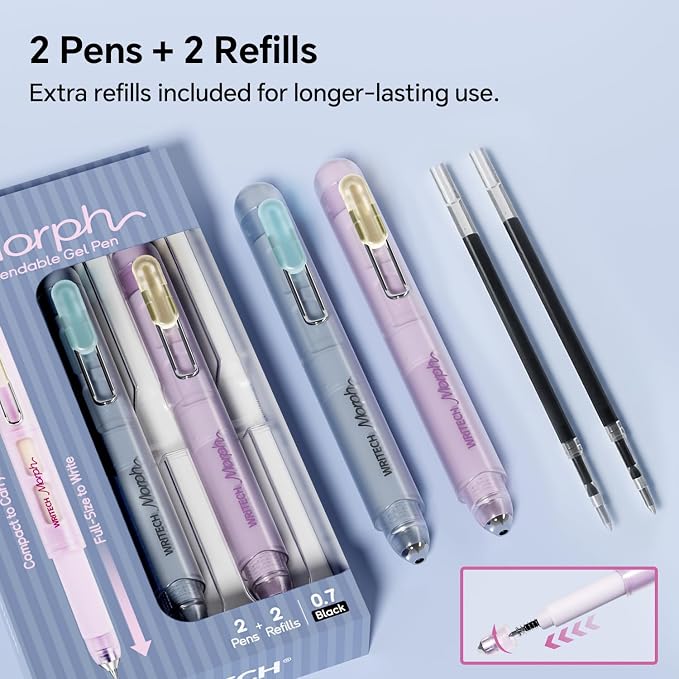 WRITECH Morph Extendable Gel Pens: 0.7mm Medium Point Black Ink Pocket-to-Full-Size Design Translucent Soft Grip Barrel Includes 2 Pens and 2 Refills Dual-Length Pocket Pen 4.6" to 6.1"