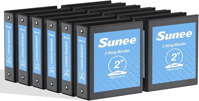 SUNEE 2 Inch Binders 3 Ring 12 Pack Bulk, PVC-Free Clear View 2" Binders (Fits 8.5x11 Inches) for School, Office & Home Use, Black
