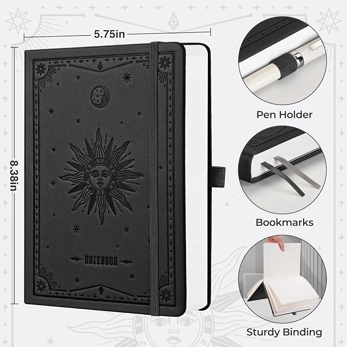 EMSHOI Blank Journal Notebook, 320 Pages, A5 Size (5.7'' x 8.3'') | Leather Hardcover, 100 GSM Thick Paper, Unlined, Plain, for Sketching, Drawing, Painting, Sun Debossed (Black)