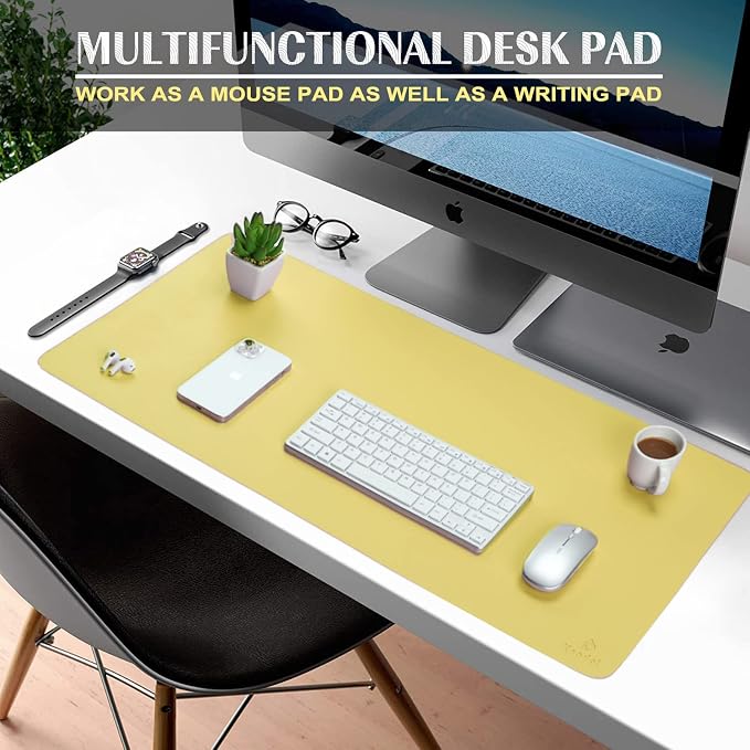 K KNODEL Extra Large Desk Mat, Leather Mouse Pad (35.4"x17", Yellow) | Desk Pad, Keyboard Pad, Computer and Laptop Mat, Desktop Protector and Cover, Writing Pad and Blotter for Home Office