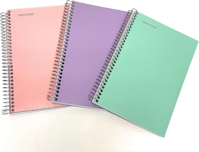 Mintra Office Durable Spiral Notebook - 2 Subject (Junior Size 3pk (6.5in x 9.5in), Sage Green, Salmon, Lavender)