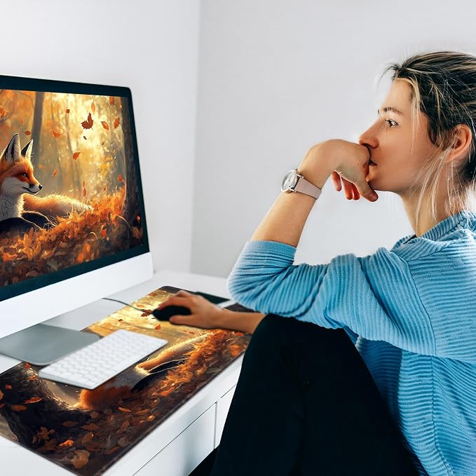 Warm Desk Pad,Heated Desk Pad,Office Mat,3 Heating Levels & 3 Hours Auto Shut-Off,31.5"*13" Gaming Mouse Laptop Keyboard Leather Desk Mat,Cute Fox Forest