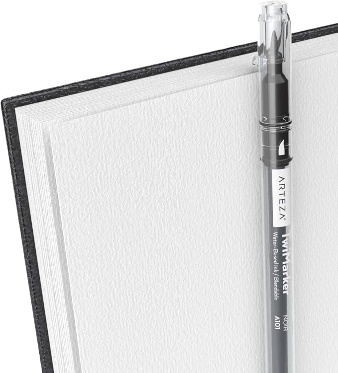 ARTEZA Watercolor Sketchbook Set, 3-Pack, 64 Pages per Book, 5.5 x 8.5 Inches, Black Hardcover Spiral Notebooks, 140-Pound Premium Watercolor Paper for Artists