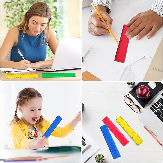 32 Pack 6 Inch Mini Rulers Bulk Plastic Small Rulers with Inches and Centimeters, Drafting Measuring Tool Set for Classroom Kids Student School Office Supplies(6 Inch,Yellow, Green, Blue, Red)